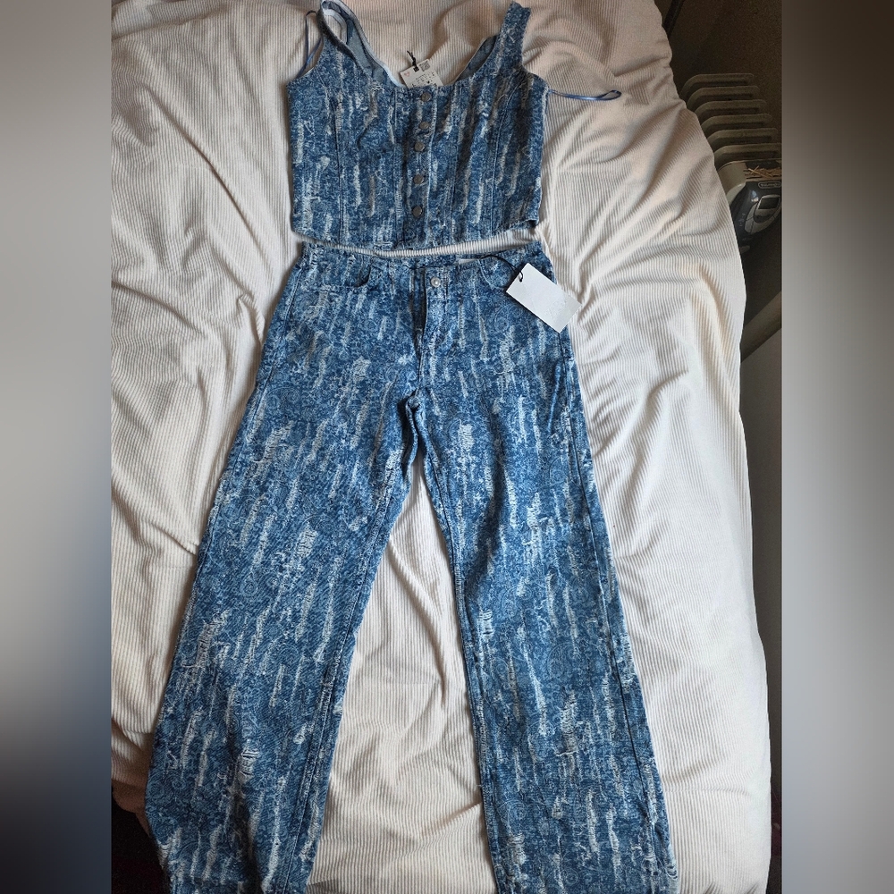Zara Z1975 Set Distressed Denim Top + straight mid-rise worn effect JEANS